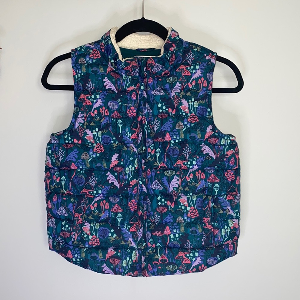 Gymboree Puffer Vest L 10/12 Fleece Lined Mushrooms Botanical Teal Pink Purple